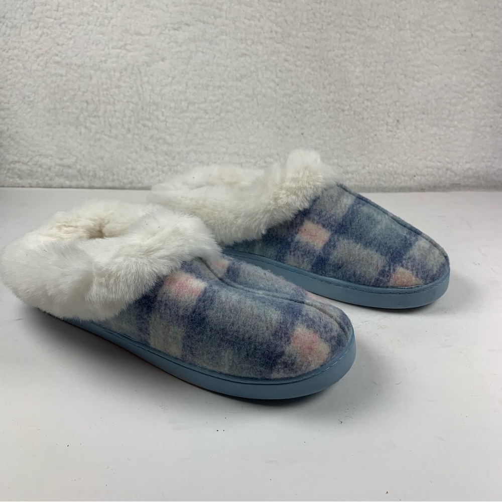 Comfort Code Plaid Brushed Knit Faux Fur Lined Slipper Size‎ 9-10 Blue 7790